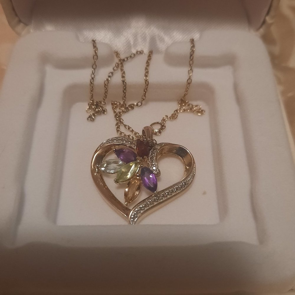 18K Gold over Silver multi color gem heart pendant 18in